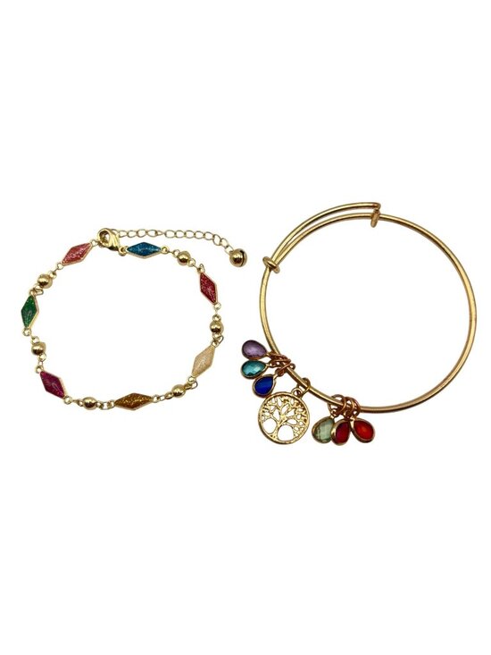 Jewelry - Gold Tone 2 Bracelet Lot Multicolor Enamel Link Charm Bangle Tree of Life Boho